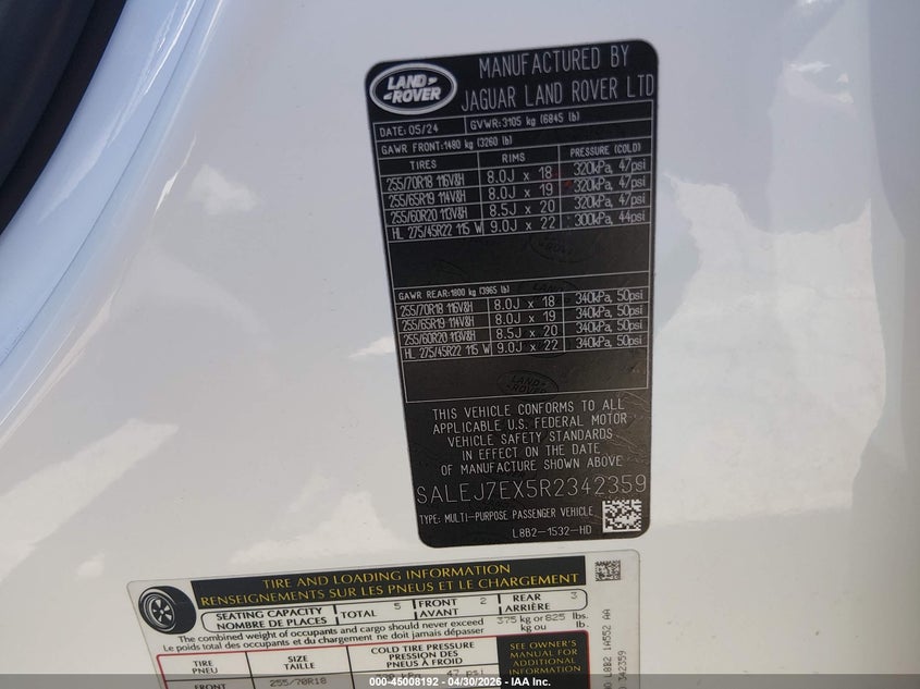 2024 Land Rover Defender 110 P300 VIN: SALEJ7EX5R2342359 Lot: 45008192
