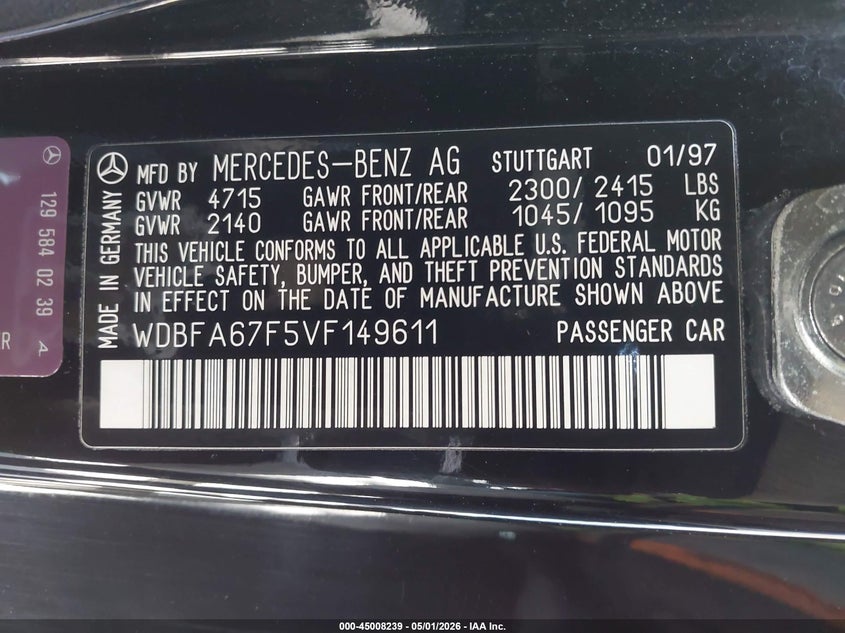 1997 Mercedes-Benz Sl 500 VIN: WDBFA67F5VF149611 Lot: 45008239