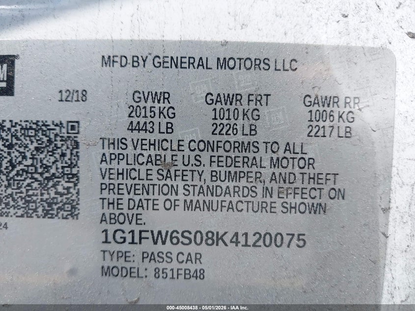 2019 Chevrolet Bolt Ev Lt VIN: 1G1FW6S08K4120075 Lot: 45008438