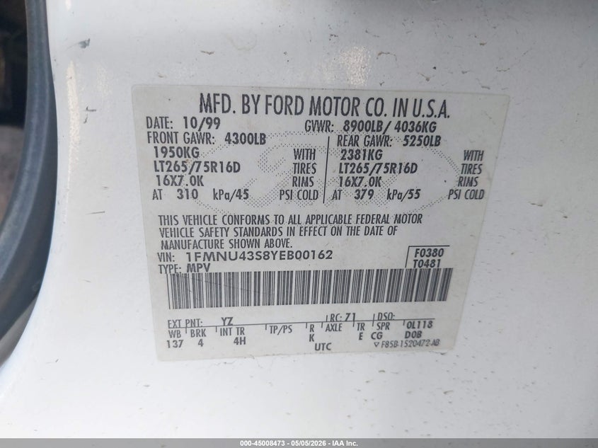 2000 Ford Excursion Limited VIN: 1FMNU43S8YEB00162 Lot: 45008473
