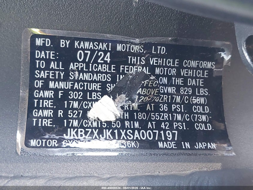 2025 Kawasaki Zx636 K VIN: JKBZXJK1XSA007197 Lot: 45008524
