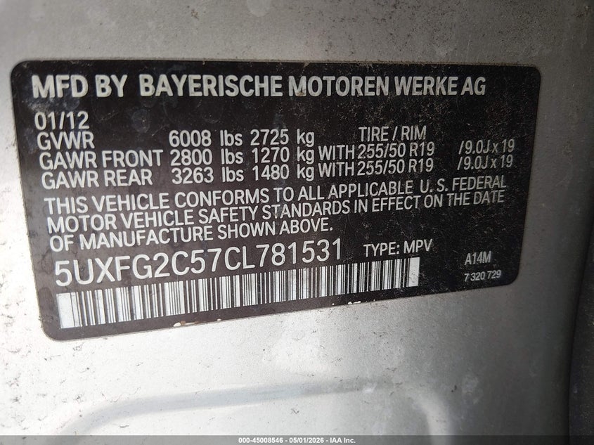 2012 BMW X6 xDrive35I VIN: 5UXFG2C57CL781531 Lot: 45008546