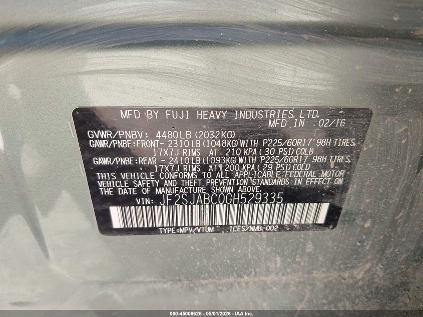 SUBARU FORESTER 2016 VIN JF2SJABC0GH529335