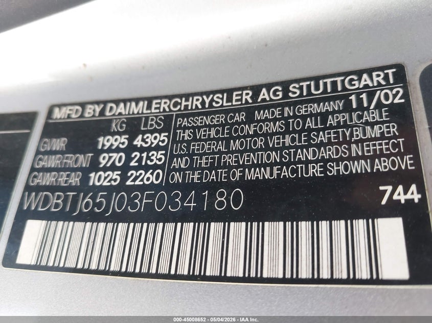 2003 Mercedes-Benz Clk 320 VIN: WDBTJ65J03F034180 Lot: 45008652