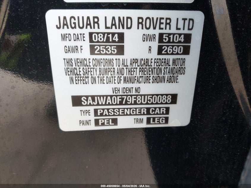2015 Jaguar Xf 3.0 Portfolio/3.0 Sport VIN: SAJWA0F79F8U50088 Lot: 45008654