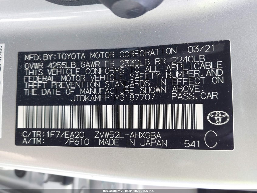 VIN JTDKAMFP1M3187707 2021 TOYOTA PRIUS PRIME XLE