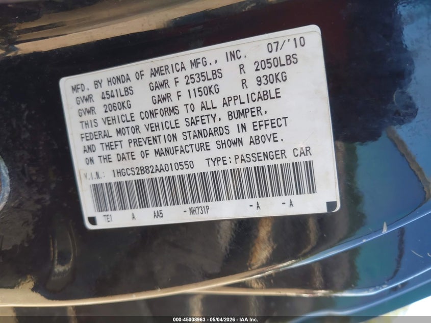 2010 Honda Accord 3.5 Ex-L VIN: 1HGCS2B82AA010550 Lot: 45008963