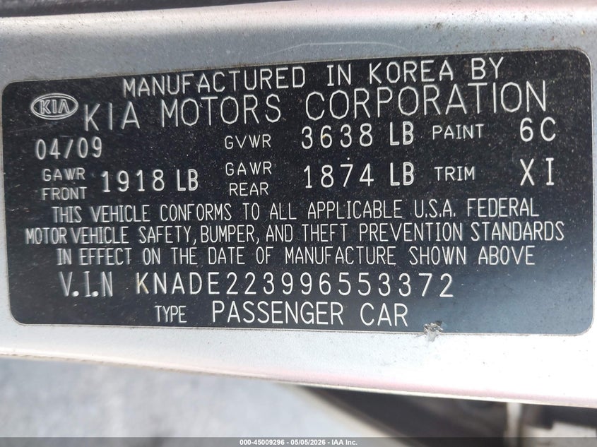 2009 Kia Rio VIN: KNACE223996553372 Lot: 45009296
