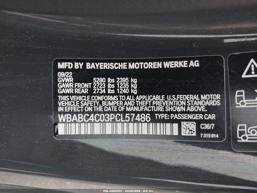 2023 BMW M850I xDrive VIN: WBABC4C03PCL57486 Lot: 45009367