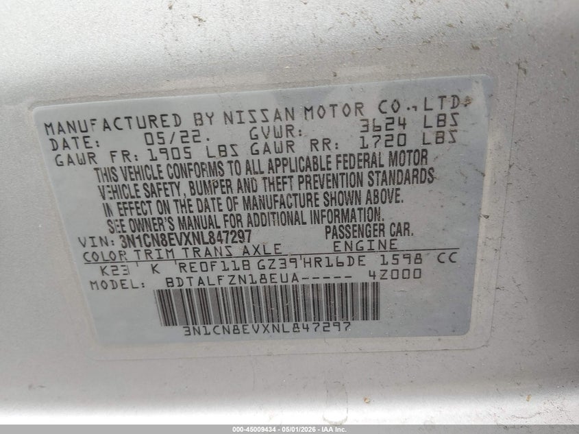 2022 Nissan Versa 1.6 Sv Xtronic Cvt VIN: 3N1CN8EVXNL847297 Lot: 45009434