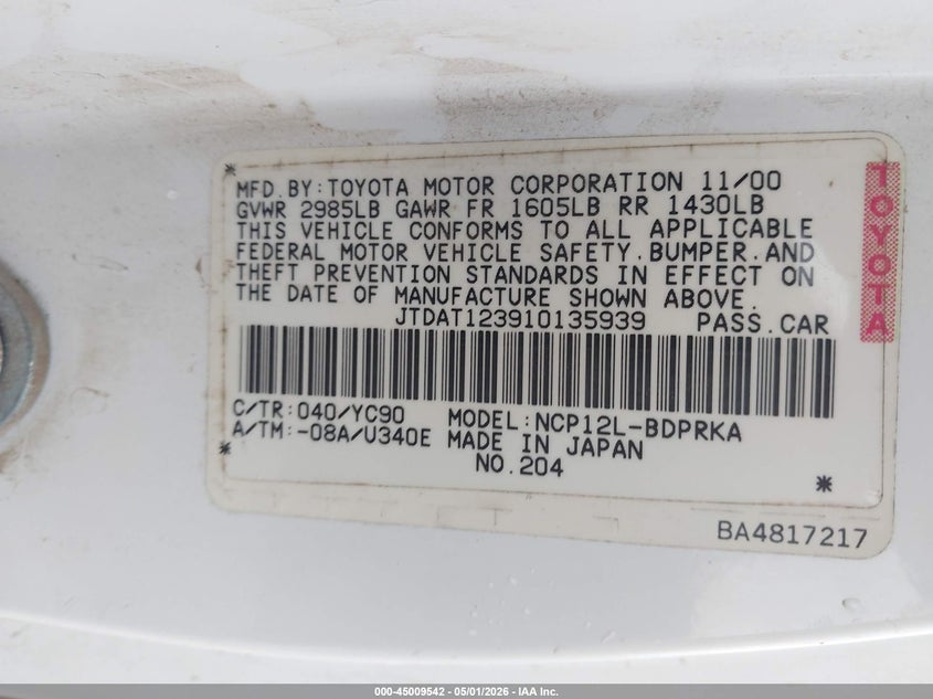 2001 Toyota Echo VIN: JTDAT123910135939 Lot: 45009542