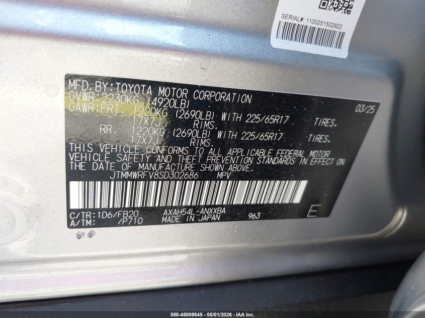 VIN JTMMWRFV8SD302686 2025 TOYOTA RAV4 HYBRID LE