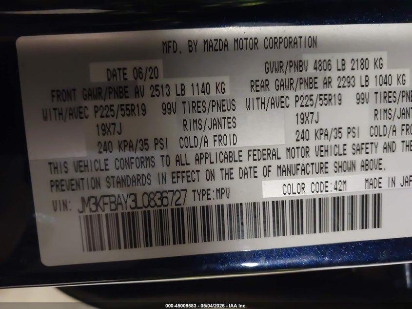 VIN: JM3KFBAY3L0836727 2020 MAZDA CX-5 GRAND TOURING RESERVE