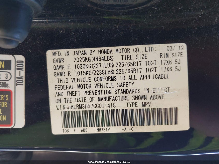 2012 HONDA CR-V SPORT UTILITY VEHICLE 2.4L I-4 DOHC, VVT, 185HP