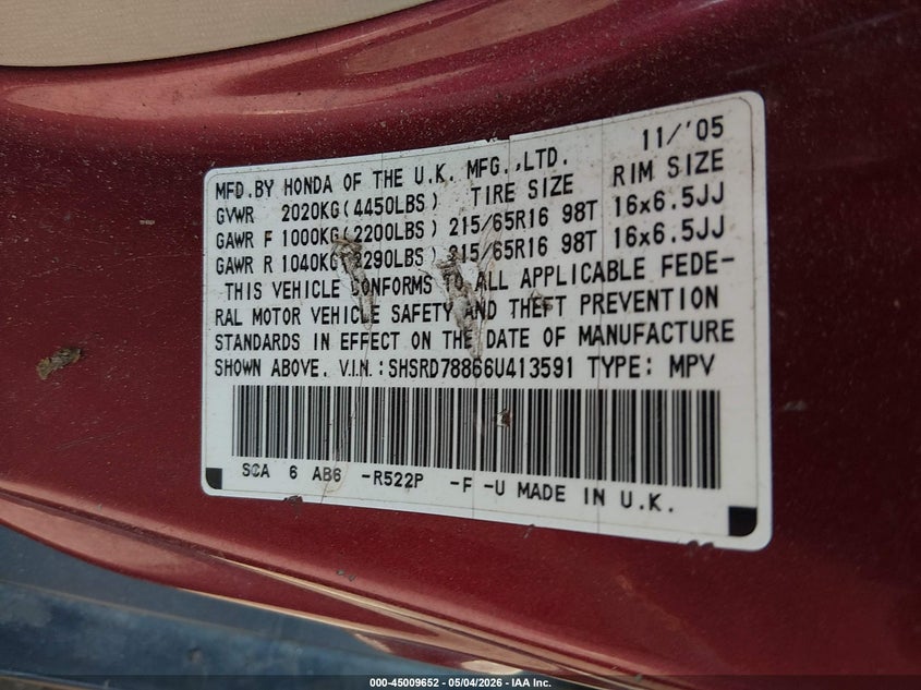 2006 HONDA CR-V SPORT UTILITY VEHICLE 2.4L I-4 DOHC, VVT, 156HP