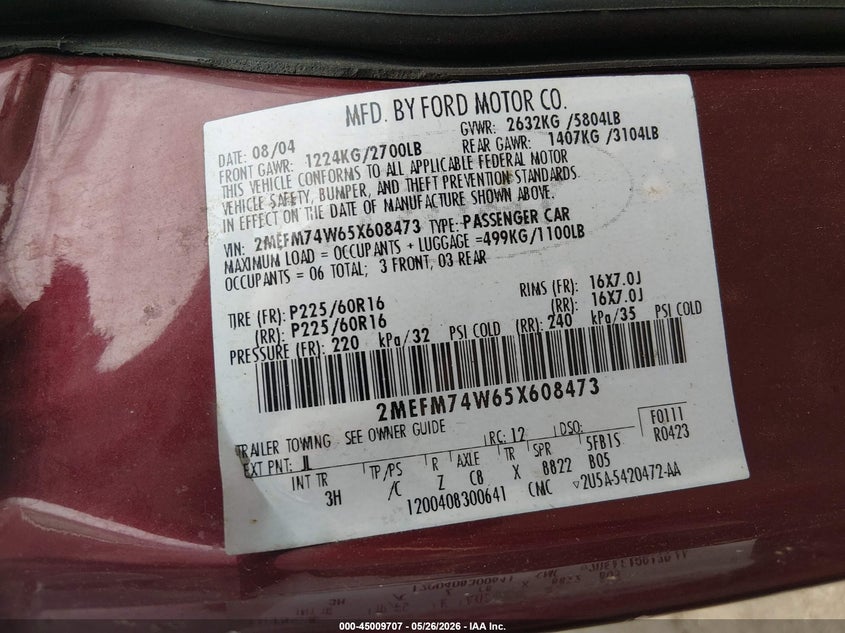 2005 Mercury Grand Marquis Gs VIN: 2MEFM74W65X608473 Lot: 45009707