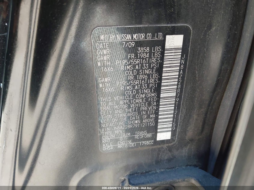 2009 Nissan Cube 1.8Sl VIN: JN8AZ28R79T121150 Lot: 45009771