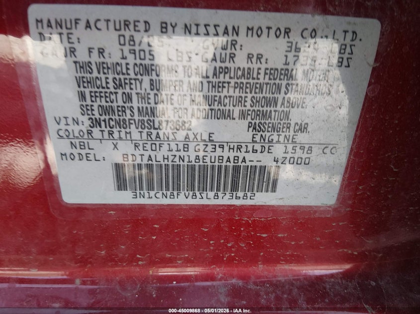 NISSAN VERSA 2025 VIN 3N1CN8FV8SL873682