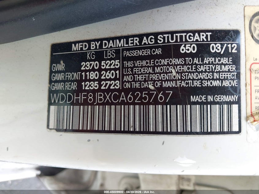 2012 Mercedes-benz E-klasse 3.5 E 350 4Matic white Lot 111045009900 Vin WDDHF8JBXCA625767