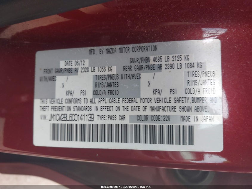 2012 Mazda Mazda5 Sport VIN: JM1CW2BL6C0141139 Lot: 45009967