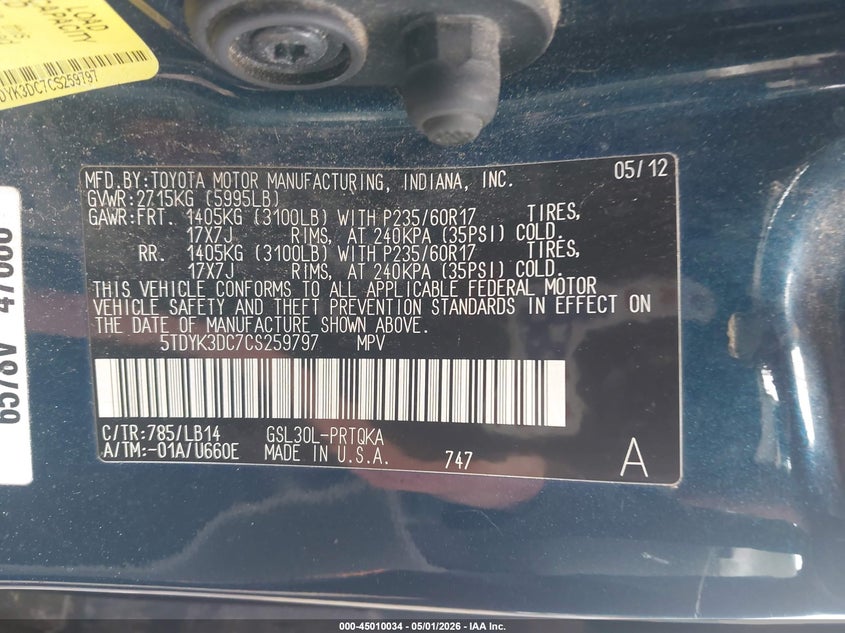 2012 Toyota Sienna 3.5 Xle V6 8 Passenger blue Lot 111045010034 Vin 5TDYK3DC7CS259797