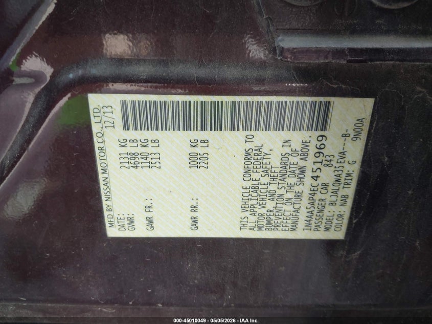 NISSAN MAXIMA 2014 VIN 1N4AA5AP4EC451969