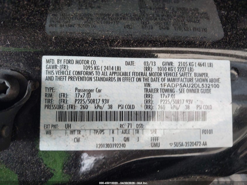 2013 Ford C-Max Hybrid Se VIN: 1FADP5AU2DL532100 Lot: 45010089