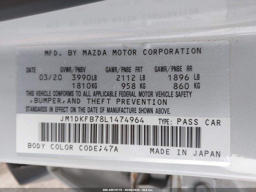 2020 Mazda Cx-3 Sport VIN: JM1DKFB78L1474964 Lot: 45010119
