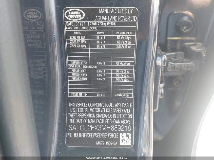 2021 Land Rover Discovery Sport Se R-Dynamic VIN: SALCL2FX3MH889218 Lot: 45010126