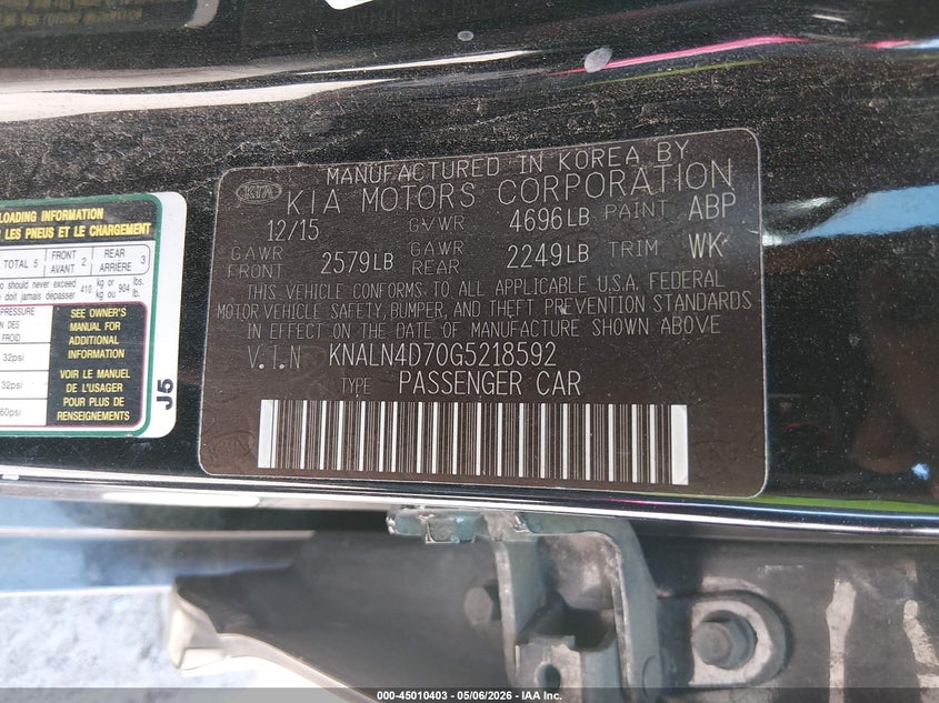 2016 Kia Cadenza Premium VIN: KNALN4D70G5218592 Lot: 45010403