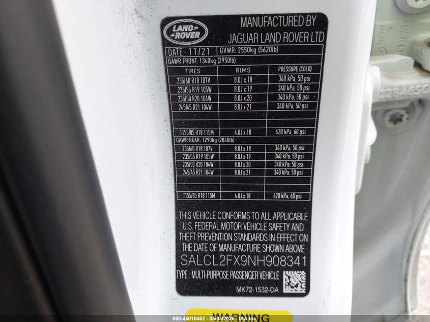 2022 Land Rover Discovery Sport Se R-Dynamic VIN: SALCL2FX9NH908341 Lot: 45010462