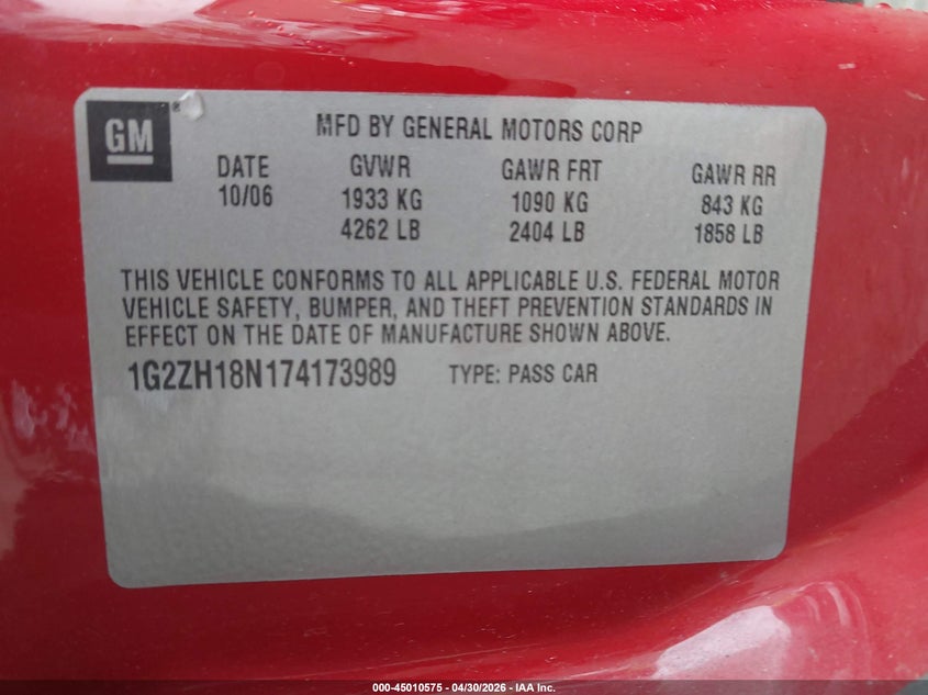 2007 Pontiac G6 Gt VIN: 1G2ZH18N174173989 Lot: 45010575