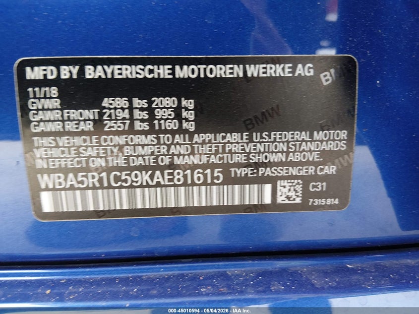 2019 BMW 3ER SEDAN 2.0L I-4 DI, DOHC, VVT, TURBO, 255HP