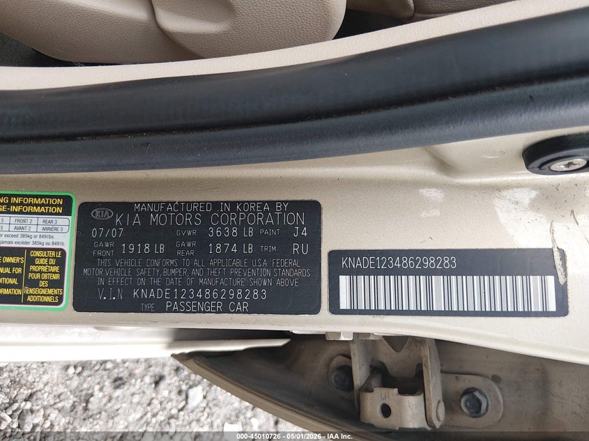 2008 Kia Rio Lx VIN: KNADE123486298283 Lot: 45010726