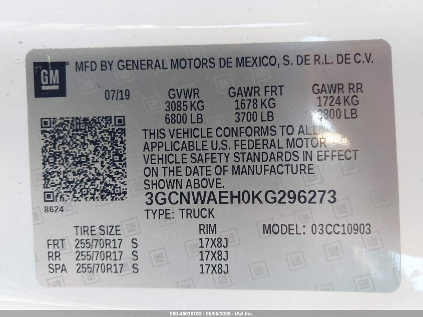 VIN 3GCNWAEH0KG296273 2019 CHEVROLET SILVERADO 1500 WORK TRUCK