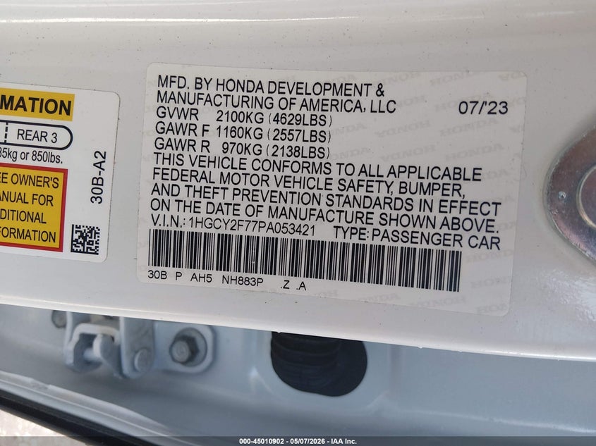 HONDA ACCORD HYBRID 2023 VIN 1HGCY2F77PA053421