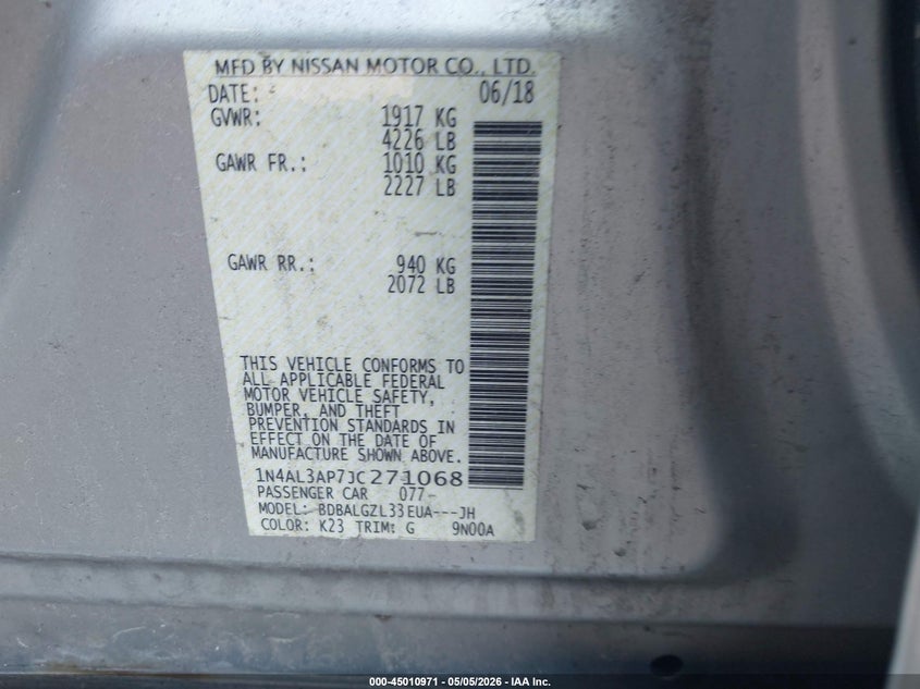 NISSAN ALTIMA 2018 VIN 1N4AL3AP7JC271068