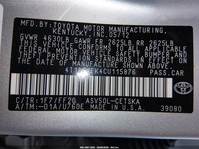 2012 TOYOTA CAMRY SEDAN 2.5L I-4 DOHC, VVT, 178HP