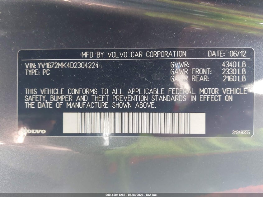 2013 Volvo C30 T5/T5 Platinum/T5 Premier/T5 Premier Plus/T5 R-Design/T5 R-Design Platinum/T5 R-Design Premier VIN: YV1672MK4D2304224 Lot: 45011287