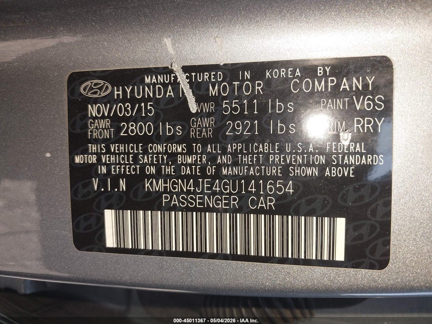 2016 Hyundai Genesis 3.8 VIN: KMHGN4JE4GU141654 Lot: 45011367