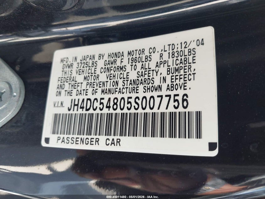 2005 Acura Rsx VIN: JH4DC54805S007756 Lot: 45011480