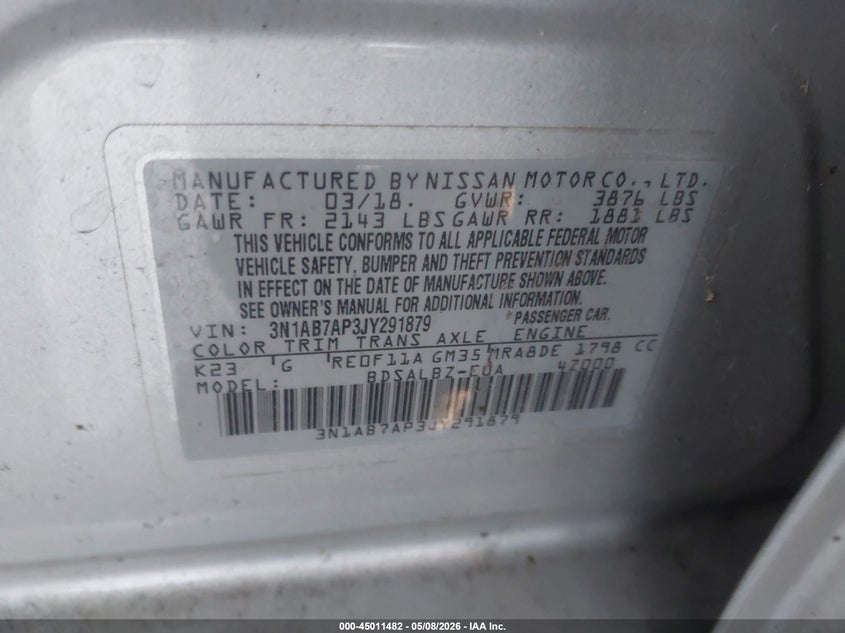 VIN 3N1AB7AP3JY291879 2018 NISSAN SENTRA S