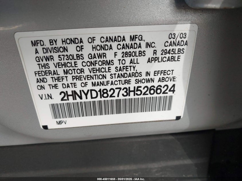 2003 Acura Mdx VIN: 2HNYD18273H526624 Lot: 45011655