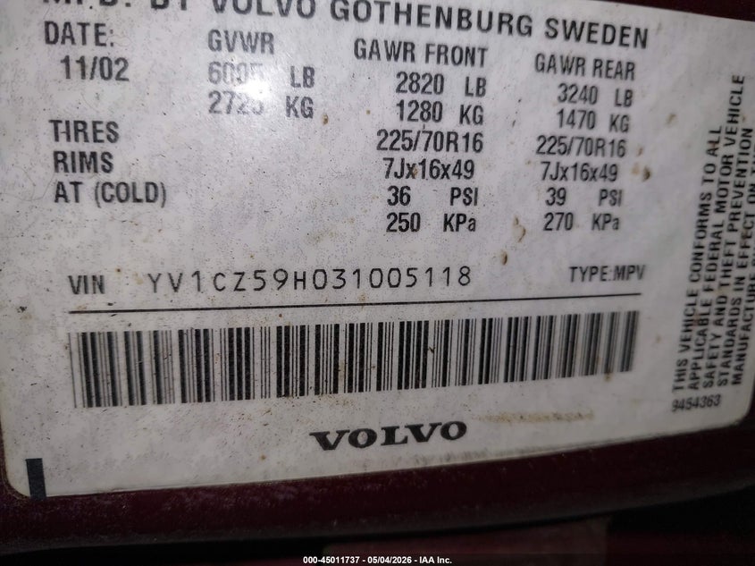 2003 Volvo Xc90 2.5T VIN: YV1CZ59H031005118 Lot: 45011737