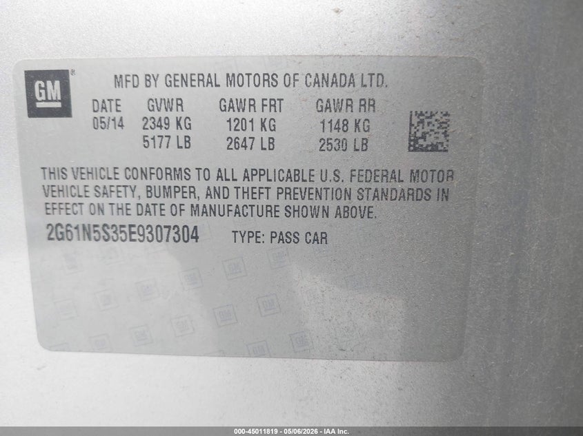 2014 Cadillac Xts Luxury VIN: 2G61N5S35E9307304 Lot: 45011819