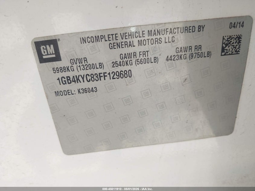 2015 Chevrolet Silverado 3500Hd Chassis Wt white Lot 111045011910 Vin 1GB4KYC83FF129680