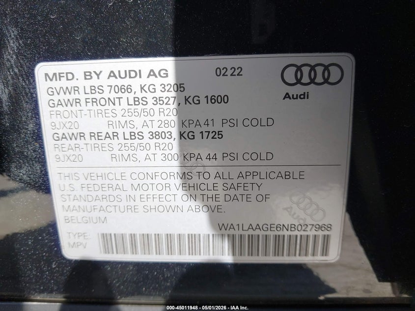 2022 Audi E-Tron Premium Plus Quattro VIN: WA1LAAGE6NB027968 Lot: 45011948