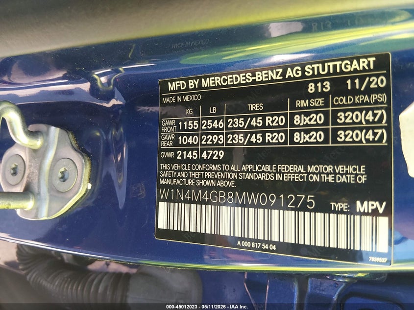 2021 Mercedes-Benz Glb 250 VIN: W1N4M4GB8MW091275 Lot: 45012023