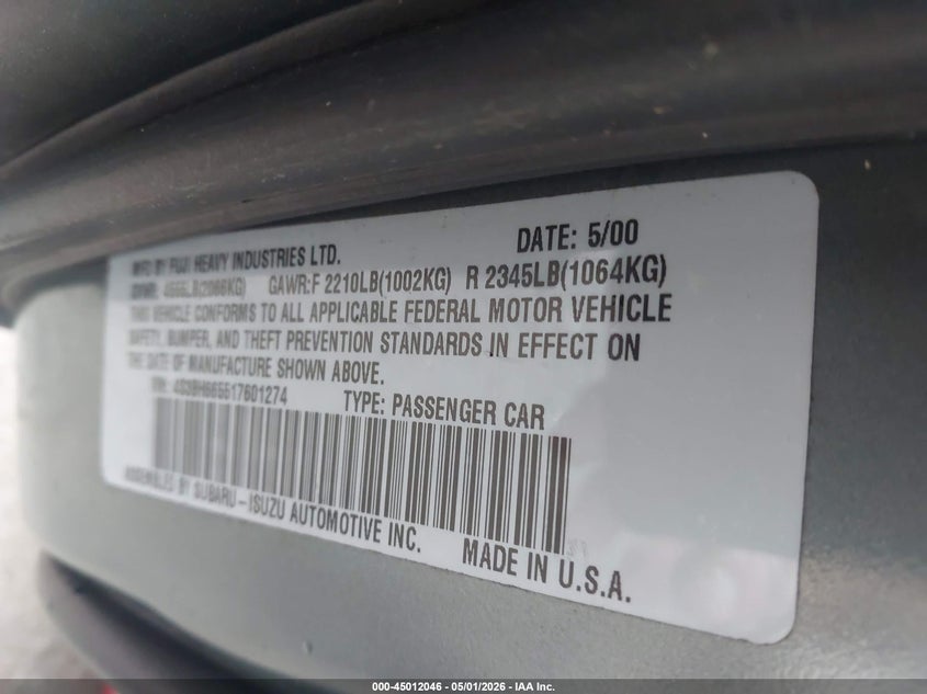 2001 Subaru Outback VIN: 4S3BH665517601274 Lot: 45012046