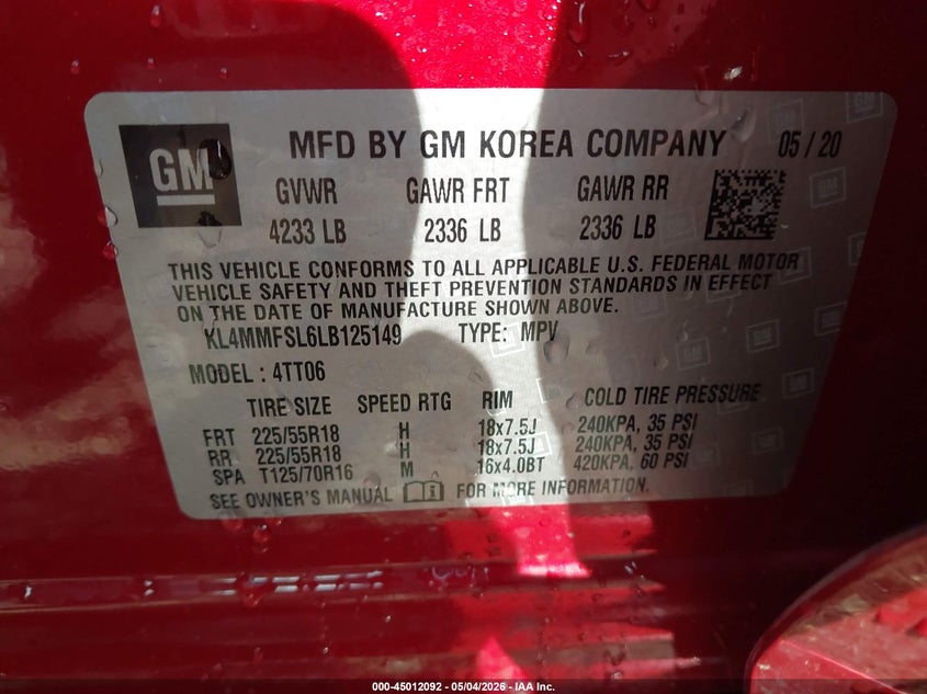 2020 Buick Encore Gx Fwd Essence VIN: KL4MMFSL6LB125149 Lot: 45012092